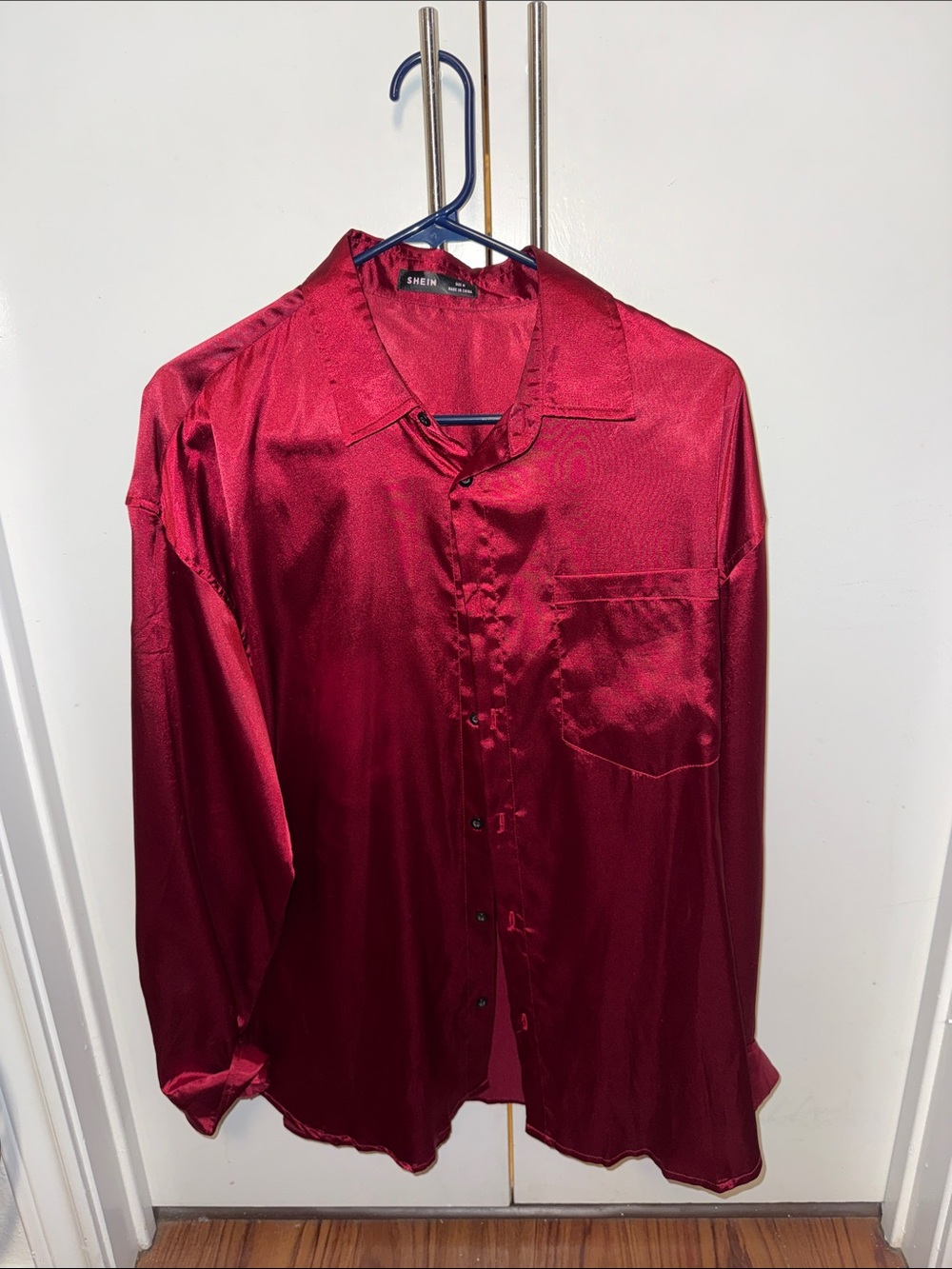Shein Men's Red Satin Button-Up Shirt